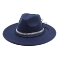 Dark blue wide brim wool fedora hat featuring a vintage fringed decorative band - M (56-58cm) / Navy Blue