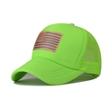 Detail of neon green mesh trucker hat with American flag leather patch on the front - Fluorescent Green