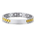 Polished gold and silver stainless steel ID bracelet with engravable rectangular plaque - 10mm / Two-tone (Gold & Silver)