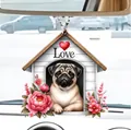 Pug dog in white cottage car hanging ornament made of acrylic with love heart - 35-Pug in Wood House