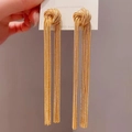 Macro detail of golden tassel fan earrings with S925 silver needles on display card - 6# Silver Earring Post-Golden Knot Tassel