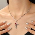 Gothic silver necklace featuring a cross pendant with red rose and thorn details - Antique Silver Thorn Rose Cross (DZ-090)