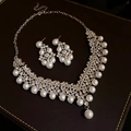 Silver vintage waterdrop jewelry set with pearls and rhinestones on leather case - 64# Set - Silver Rhinestone Pearl Flower (2pcs Set)