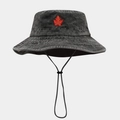Cappello da pescatore in denim nero con ricamo foglia d'acero e cordino antivento - Nero