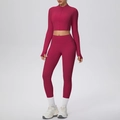 Ensemble de yoga bordeaux ajusté avec veste zippée à passe-pouces et legging taille haute - Rouge carmin