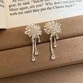 Detail of silver-plated firework tassel earrings with white pearls and zircons on a display - 7# Silver Tassel Fireworks Pearl Silver Earring Post