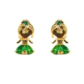 Detailed macro view of mermaid-shaped earrings with brown and green cubic zirconia stones - Gold Princess Pair