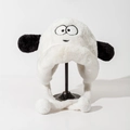 Detailed embroidery of cartoon eyes on a white plush earflap hat with black ears - White