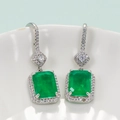 Elegant emerald green square cut earrings with white zircon accents on white porcelain - Emerald Rectangular Drop Earrings