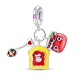 Macro detail of silver charm pendant with spoon, heart, toast and red jam jar charms - Sweet Breakfast Pendant (PAC1288)