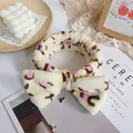 Plush leopard print bow headband in cream and pink coral fleece for face washing - Cream Pink Brown Leopard