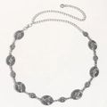 Vintage silver metal chain belt with engraved oval and round geometric decorative plates - 19433 Antique Silver
