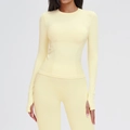 Seamless light yellow yoga set with long sleeve thumbhole top and high waist leggings - S / Moonlight Yellow