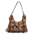 Grand sac cabas à carreaux marron avec motif chien et lanières en cuir de luxe - Marron