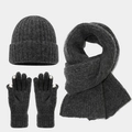 Vista detallada del conjunto de punto gris oscuro con guantes táctiles y tejido de canalé - gris oscuro