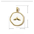 Detail view of gold enamel whale tail pendant with size parameters 18mm by 13mm - White Fish Tail