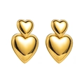 Elegant gold double heart drop earrings with polished minimalist stainless steel finish - Double Heart Vertically Stacked Gold Stud Earrings (ZE0236)