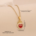 Golden stainless steel necklace with red zircon heart pendant and size parameters - Flaming Hollow Sacred Heart Style (7#)