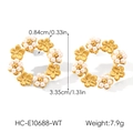 Detail showing dimensions of gold flower hoop earrings with white pearls and steel texture - Pearl Gold Wreath Style (HC-E10688-WT)