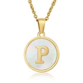 18K gold plated necklace featuring a round shell pendant with a metallic letter P - White Mother of Pearl Letter P