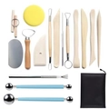 Clay sculpting tool set with wooden knives, sponges, and storage bag for DIY pottery art - Premium 17-piece Set (8-piece Set + 5-piece Set + 7 Needles + Blue Ball Stick No. 1 & No. 3)