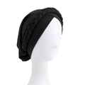 Black elastic turban hat with braided design for women shown on head mannequin - One Size / Black