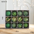 Set of 12 dark green Christmas ornaments with varied textures in a white display box - Green