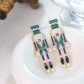 Nutcracker soldier stud earrings with colorful enamel and pearl accents in gold - Emerald Pink Royal Blue