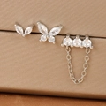 Driedelige roestvrijstalen vlinder oorknoppen set met zirkonia en verfijnde zilveren ketting - Vlinder/Blad/Ketting Kwastje 3-Delige Set / Zilver