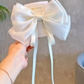 Detail of white organza ribbon hair bow with long streamers on a display card - Elegant Beige