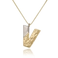 Detail of two-tone V-letter pendant with lava texture and golden box chain - Letter V