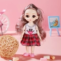 Poseable princess doll with brown curls wearing panda top and red plaid skirt - Red Plaid Girl