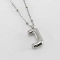 Silver puffy bubble letter J pendant necklace with polished stainless steel bead chain - Letter J / Steel