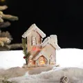Illuminated wooden Christmas snow house ornament with warm LED lights and pine decor - Snow Top Cabin Style C Battery Model