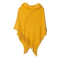 Women's bright yellow knitted hooded poncho with striped texture and fringe hem detail - Yellow