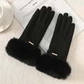 Elegant black winter gloves with faux fur trim and touch screen function for women - Gold Label De-Velvet / Black