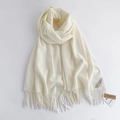 Cream white faux cashmere scarf with soft fringes and professional draped knot styling - Pure White