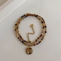 Pulsera retro de cuentas ojo de tigre bañada en oro 18k con colgante de sol circular - 28# Collar-Dorado-Multicolor