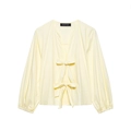 Camicetta donna 2025 giallo chiaro con scollo a V, maniche lunghe e fiocchi eleganti - XS / Giallo