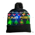 Bonnet de Noël noir à LED avec motifs de flocons de neige et un pompon noir chic - Adulte (Élastique) / Sapin de Noël Noir (Avec Revers)