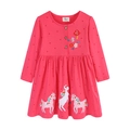 Abito rosa a maniche lunghe per bambine con pois e ricamo unicorno in un taglio classico - 2T / Rosa Lampone (7181)
