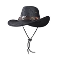 Vintage black leather western cowboy hat featuring bull head ornament and wide brim - Adult 56-60cm / Black