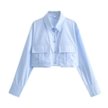 Short light blue long-sleeved shirt with double pockets and classic collar in size S - S / Tops / Light Blue