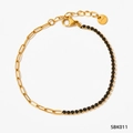 Gold plated stainless steel paperclip chain bracelet with black cubic zirconia stones - Gold Black Zirconia Splicing Style (SBK011)