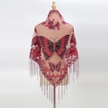 Red lace mesh shawl featuring exquisite butterfly embroidery and fringe tassels for women - Burgundy