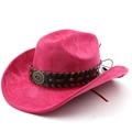 Detail of rose red suede cowboy hat with braided leather band and turquoise metal stud - Rose Red