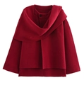 Detail of burgundy short knit jacket with asymmetrical scarf overlay and single black button - S / Red