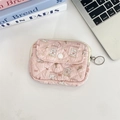 Pink quilted pouch with bunny floral pattern featuring a snap button and zipper closure - Skateboard Rabbit