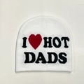 White knitted beanie featuring a bold I Heart Hot Dads graphic design for winter fashion - Dads Style / White