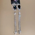 Orecchini a fiore argento di lusso con pietre nere e nappe di cristalli brillanti - 30-Perno in Argento-Argento-Goccia Nera Con Strass Completi